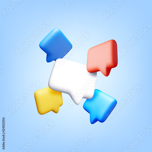 3D colorful speech bubbles on blue background. Render collection of chat balloon pin. Notification shape mockup. Communication, web, social network media, app button. Realistic vector illustration