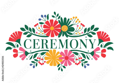 A vibrant and colorful vector illustration of a ceremony celebration floral arrangement. The arrangement features bold petals