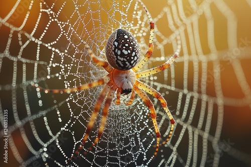 A dew covered spider rests in its intricate web photo