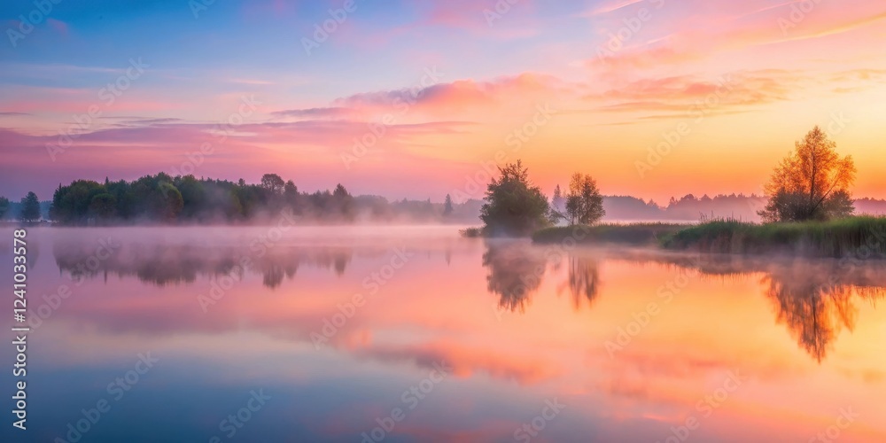 Soft pink mist rises over a serene lake at dawn Soft pink mist rises over a serene lake at dawn
