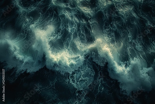 Dynamic Aerial View of Ocean Waves Crashing with Frothy White Seafoam in a Turbulent Dark Aquatic Seascape at Twilightocean