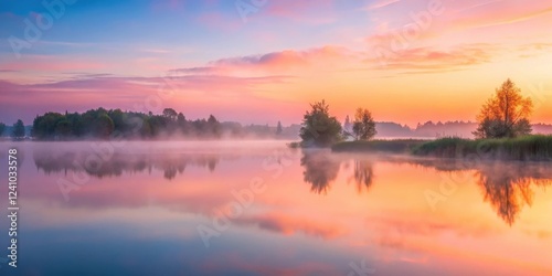 Soft pink mist rises over a serene lake at dawn