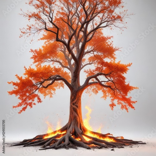 Burning tree on white background with vibrant orange and red flames , wood, incinerate