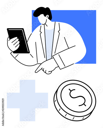 Professional examining data on a tablet with coin and medical cross symbols. Ideal for finance, healthcare, digital applications, investments, professional services, cost analysis, budgeting. Line