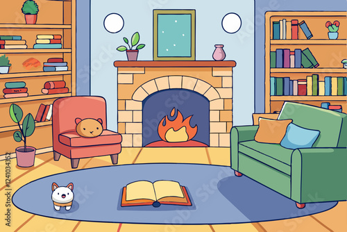 "Warm and Cozy Cartoon Living Room Vector Illustration with Fireplace and Sleeping Cat"


