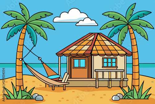 Beachside Bungalow with Palm Trees and Surfboards Vector Illustration

