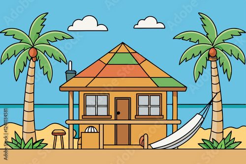 Beachside Bungalow with Palm Trees and Surfboards Vector Illustration

