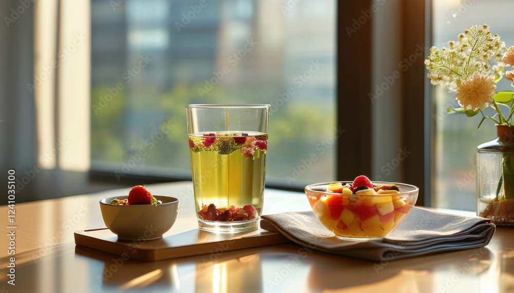 Refreshing herbal tea and fruit salad on sunlit table with copy space Refreshing herbal tea and fruit salad on sunlit table with copy space