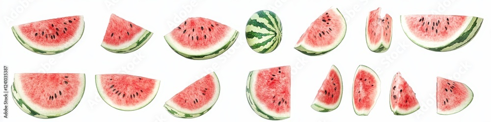 Multiple watermelon slices against a white background, various shapes and sizes, fresh fruit, colorful, red and green hues, close up, isolated, food Multiple watermelon slices against a white background, various shapes and sizes, fresh fruit, colorful, red and green hues, close up, isolated, food