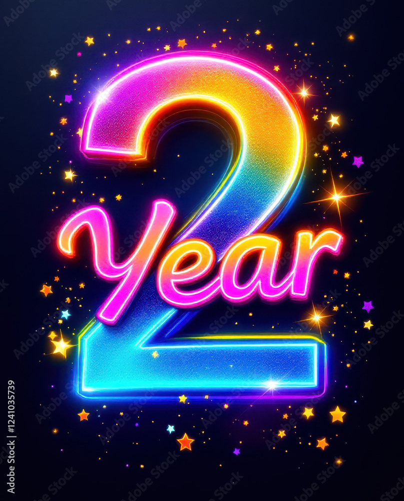 Obraz premium Vibrant 2 year anniversary neon design for celebratory cards and posters