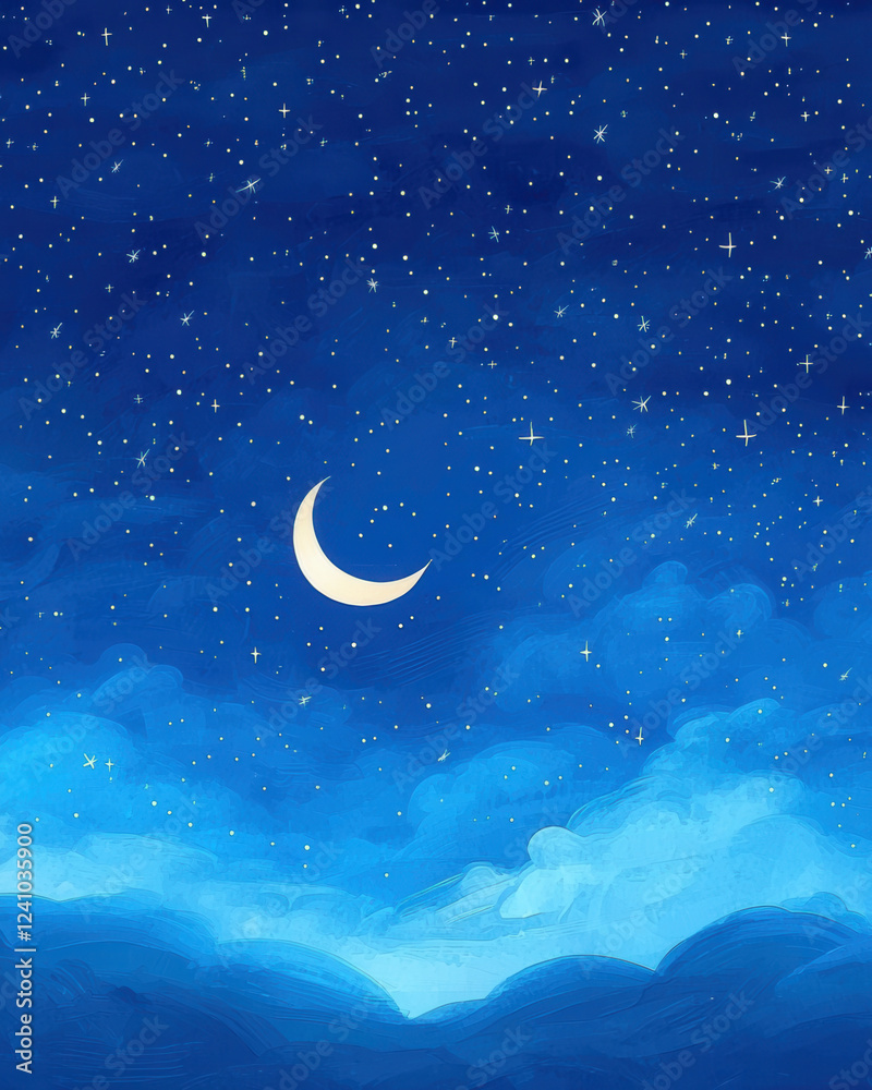 Naklejka premium Dreamy night sky with twinkling stars and crescent moon above clouds
