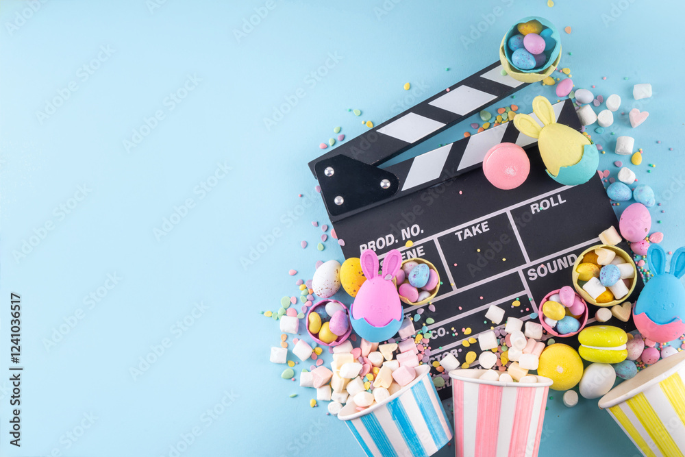 Obraz premium Easter film and movie background. Cinema clapper-board with Easter chocolate egg. popcorn and marshmallow, Cinema for the Easter holidays and Movie Night party