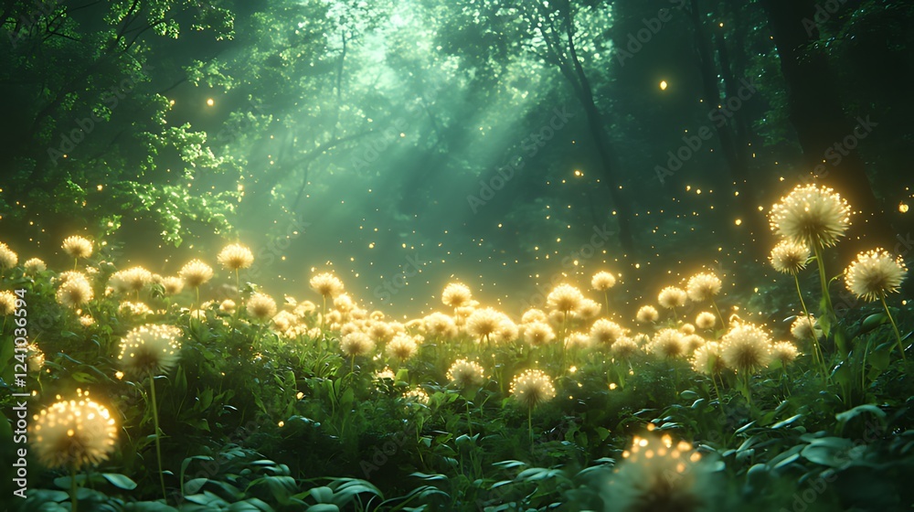 Fototapeta premium Magical Dandelion Meadow, Firefly Night, Forest, Fantasy