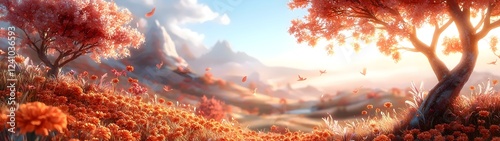 A breathtaking landscape featuring lush, vibrant orange trees and flowers under a glowing sky at sunset, creating a tranquil and enchanting atmosphere.