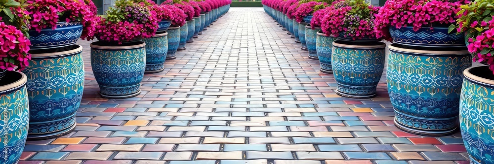 Fototapeta premium Mosaic Brick Walkway with Eye-Catching Plant Baskets