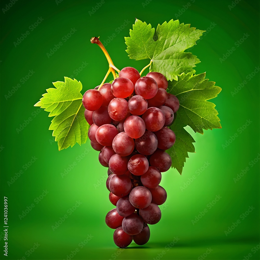 Obraz premium Fresh Red Grape Bunch with Green Leaves on Vibrant Background