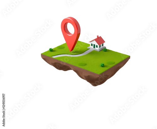 Real estate location, house with a map pin on a floating plot of land isolated on transparent or white background 