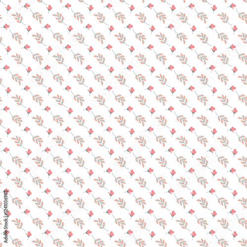 Seamless Pattern With Pink Flowers and Leaves on a White Background