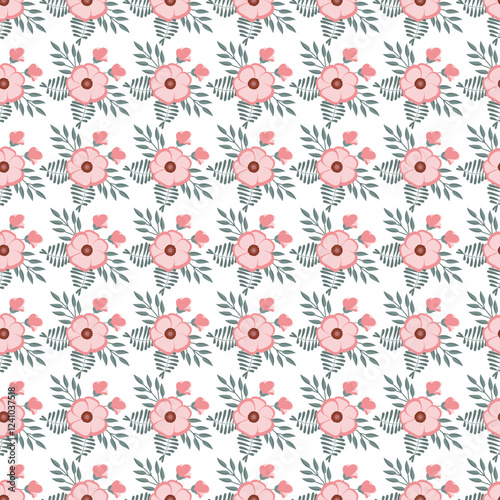 Seamless Floral Pattern with Pink Flowers and Green Leaves