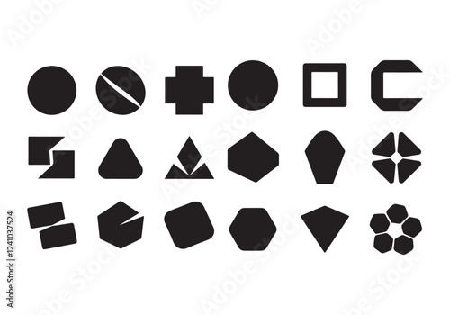 silhouette shape icons, designed in a modern geometric style. Each shape is distinct, featuring circles, squares, triangles, hexagons, and other sharp, well-defined forms. The icons 