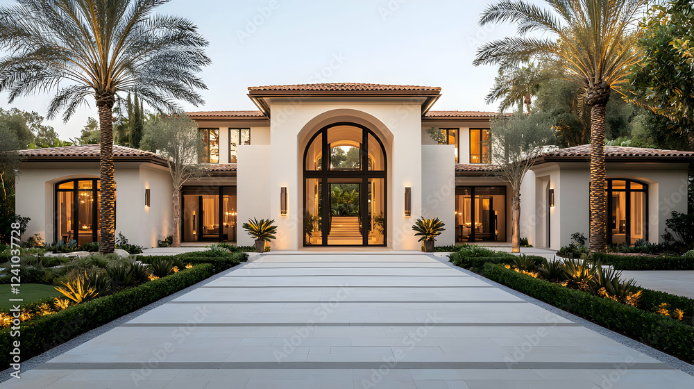 Obraz premium Elegant modern villa with palm trees in the evening light. 