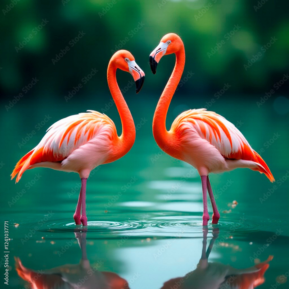 Fototapeta premium Two Flamingos stand in beautiful water