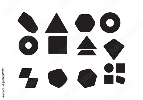 silhouette shape icons, designed in a modern geometric style. Each shape is distinct, featuring circles, squares, triangles, hexagons, and other sharp, well-defined forms. The icons 