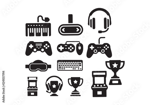 A minimalist illustration   gaming silhouette icons. There is a game controller, keyboard  mouse, VR headset, arcade machine, gaming headset,