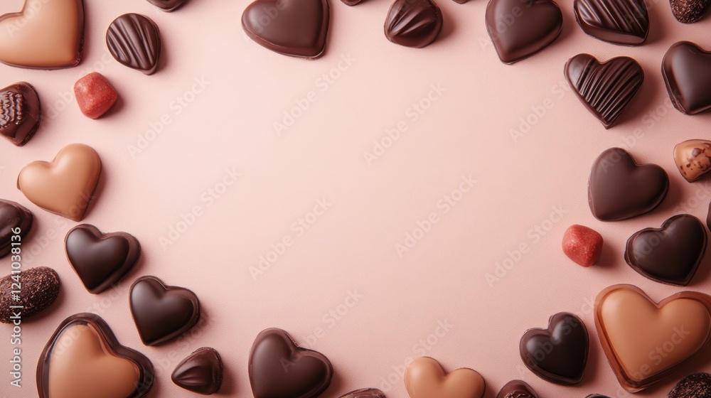 Fototapeta premium A Symphony of Hearts: A Delightful Collection of Exquisite Chocolate Hearts, Beautifully Displayed on a Pastel Pink Surface, Creating a Scene of Pure Romance and Sweet Indulgence