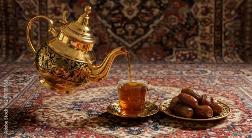 Golden Teapot Pouring Tea with Dates on Persian Rug