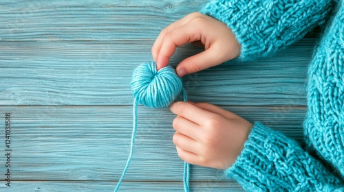 Childs hands carefully shaping a ball of teal yarn on a rustic blue wooden surface.