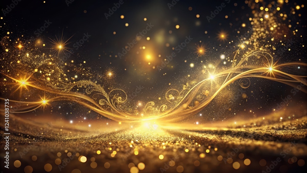 Obraz premium Sparkling gold dust suspended in mid-air over a dark