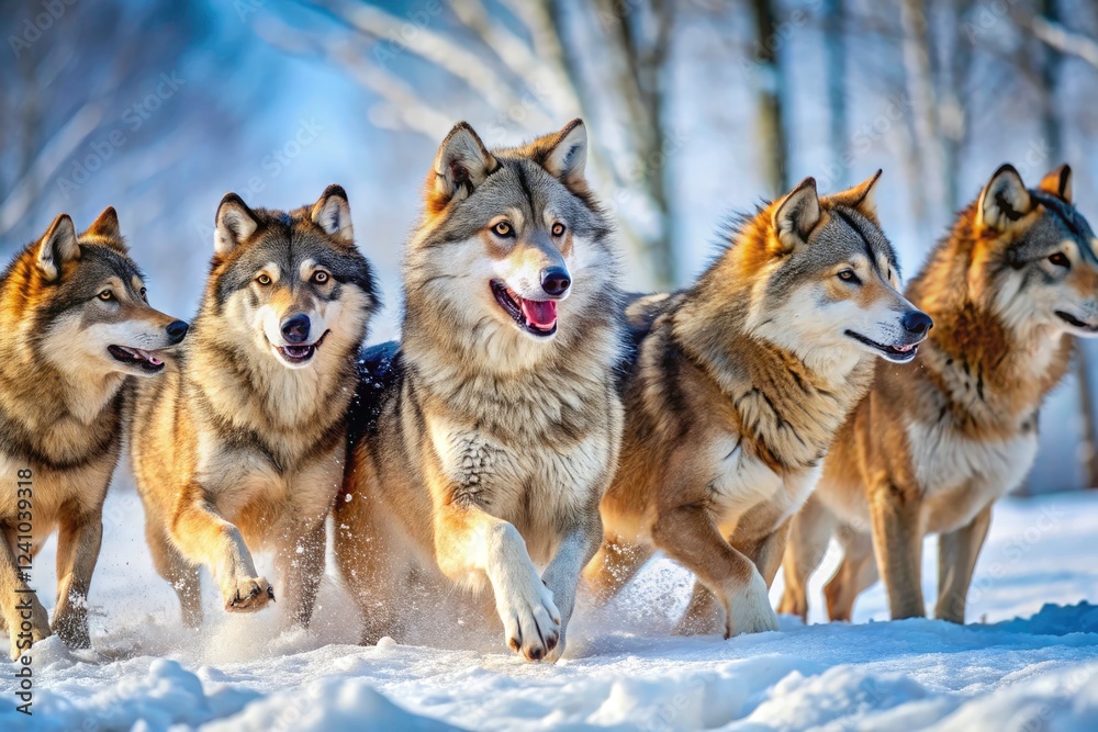 Gray wolf cubs playfully tumble in a winter scene. Gray wolf cubs playfully tumble in a winter scene.