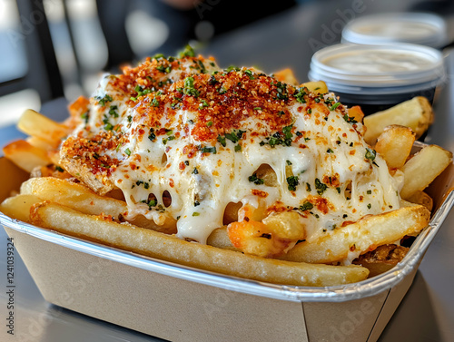 Cheesy loaded fries topped with crispy fish and seasoning in a restaurant. Generative AI