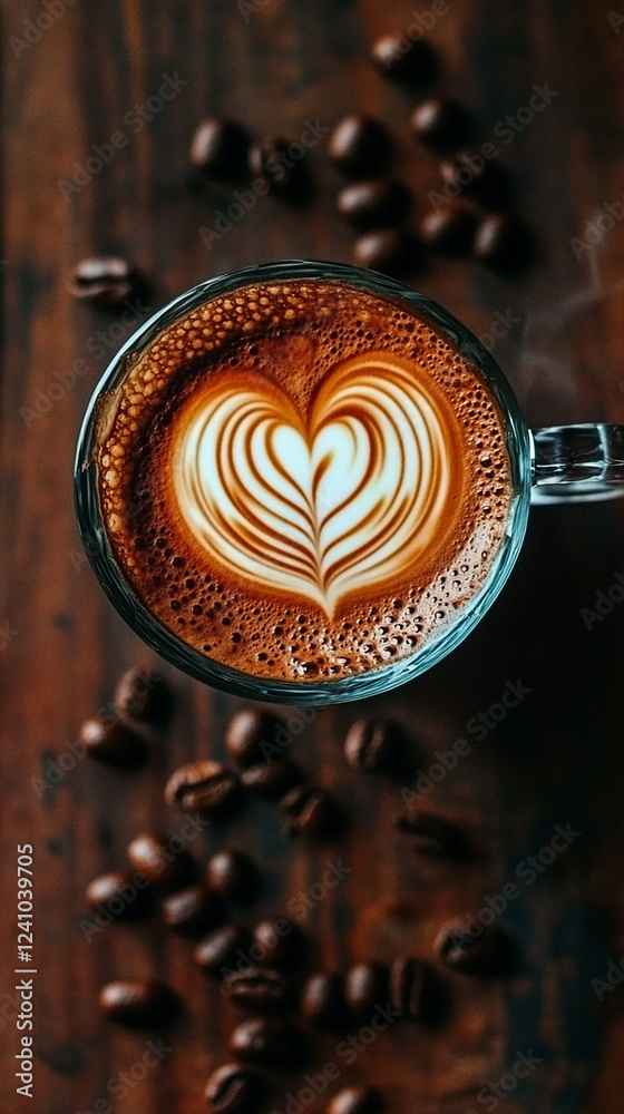 A cup of coffee with beautiful latte art in the shape of a heart, showcasing creamy textures and an inviting aroma.