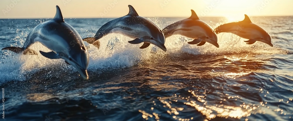 Obraz premium Dolphins leaping ocean sunset; wildlife background