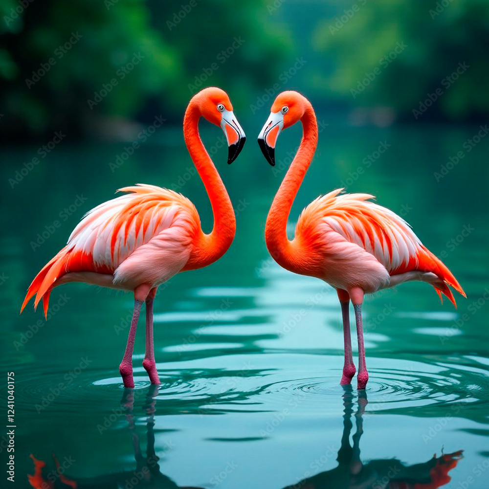 Obraz premium Two Flamingos stand in beautiful water