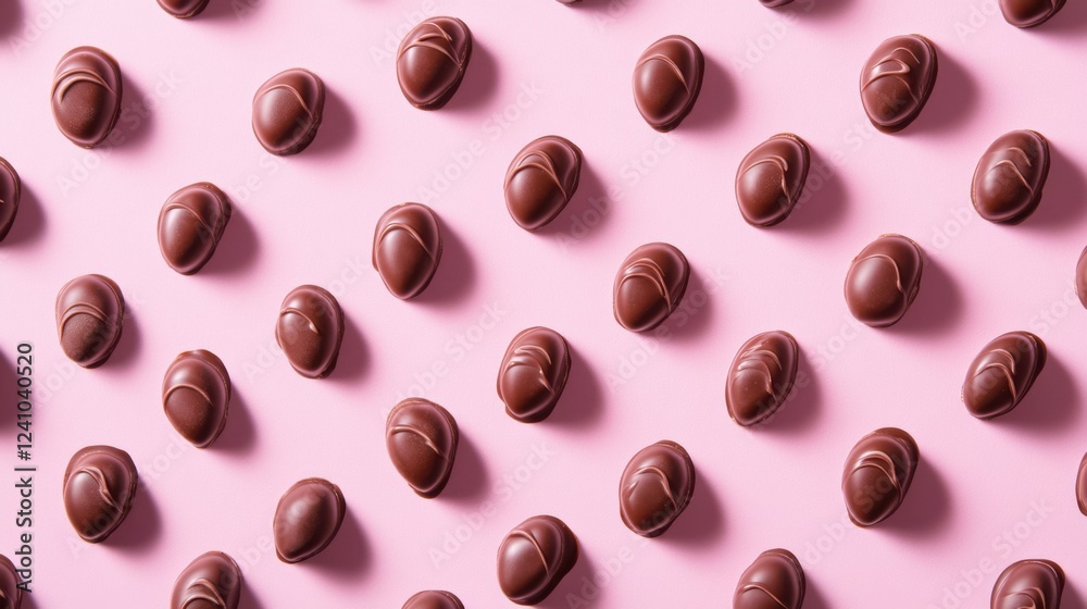 Fototapeta premium A Symphony of Hearts: A Delightful Collection of Exquisite Chocolate Hearts, Beautifully Displayed on a Pastel Pink Surface, Creating a Scene of Pure Romance and Sweet Indulgence