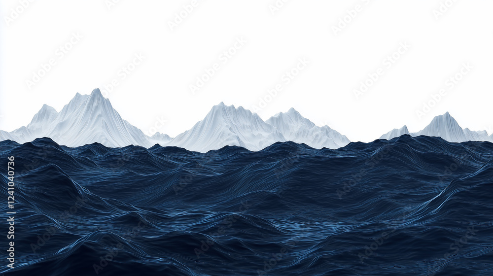 Fototapeta premium 3D Cartoon Illustration of Ocean Waves with Snow Capped Mountains
