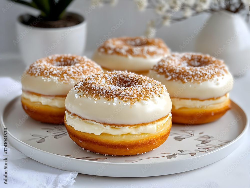 Delicious cream-filled donuts with icing served on a decorative plate. Generative AI Delicious cream-filled donuts with icing served on a decorative plate. Generative AI