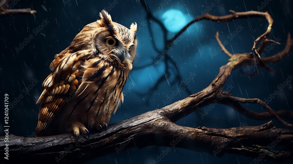 Eurasian Eagle Owl on Branch in Moonlight with Rain at Night Eurasian Eagle Owl on Branch in Moonlight with Rain at Night
