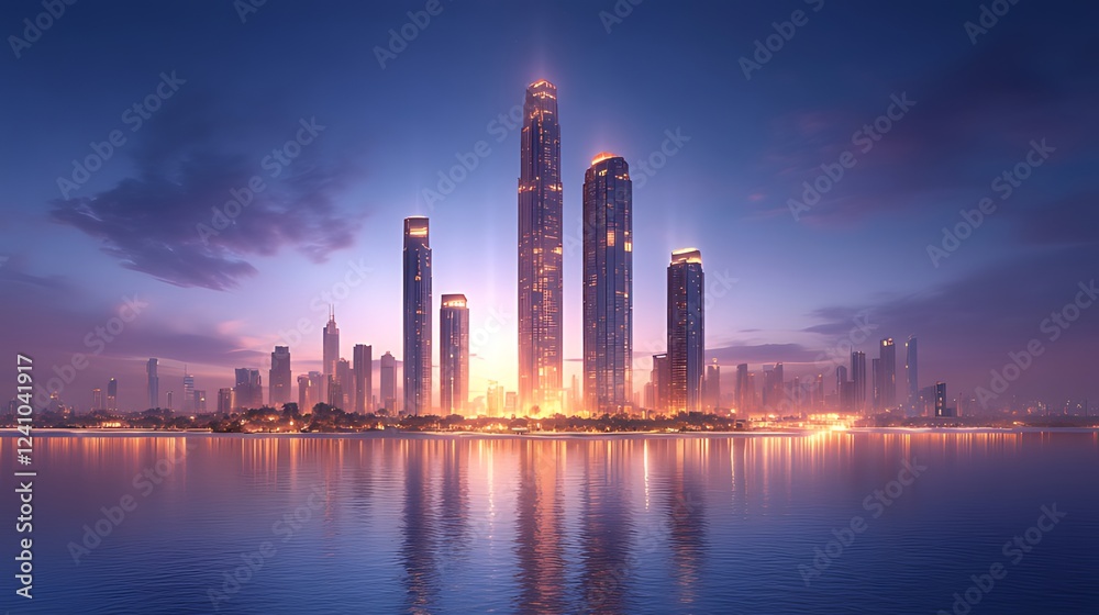 Obraz premium Skyscrapers sunrise waterfront city skyline rendering
