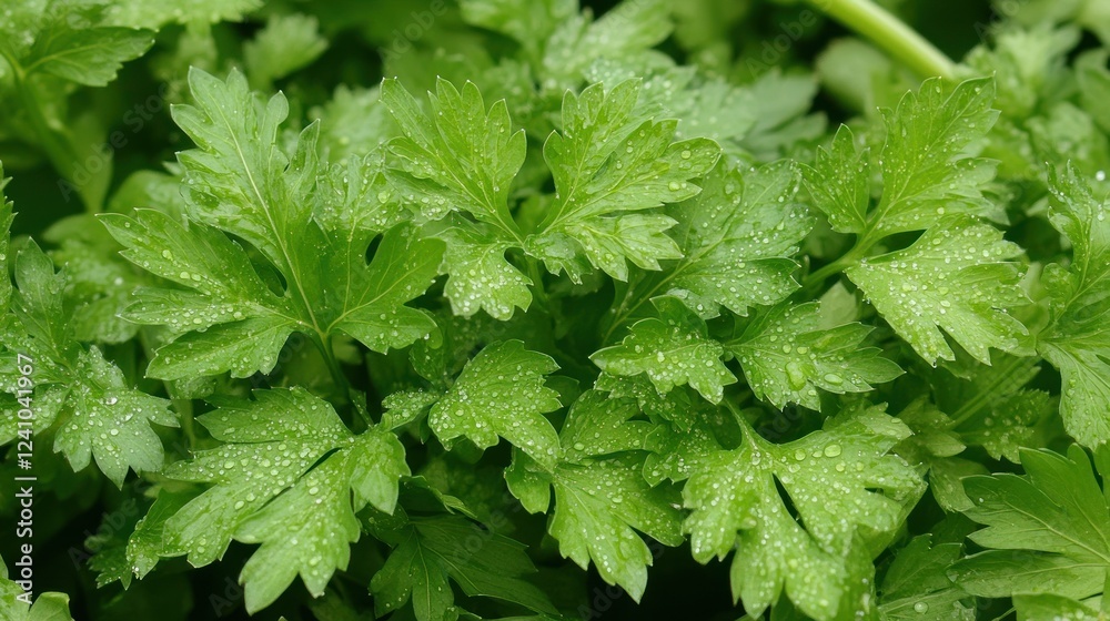 Close-up of fresh green parsley leaves with water droplets. Close-up of fresh green parsley leaves with water droplets.