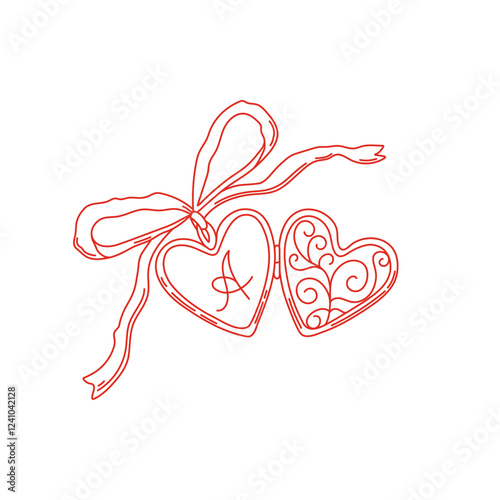Coquette outline heart locket with bow. Vintage symbol of love. Valentines day illustration. Vector for 14 February holiday.