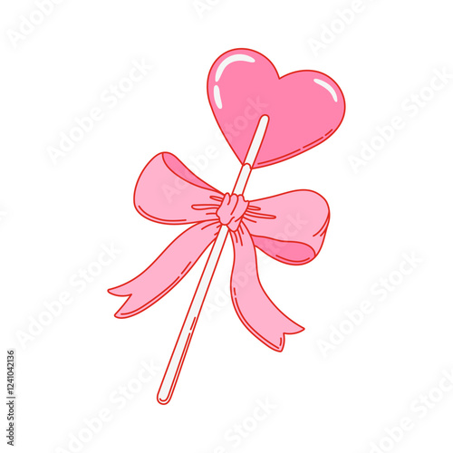 Heart shaped pink lollipop candy with bow. Lollipop on a stick on white background. Valentines day illustration. Vector for celebration Valentine Day, wedding, party, birthday, anniversary etc.