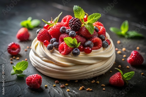 Delicious Pavlova Dessert with Berries and Mint on White Background - Night Photography photo