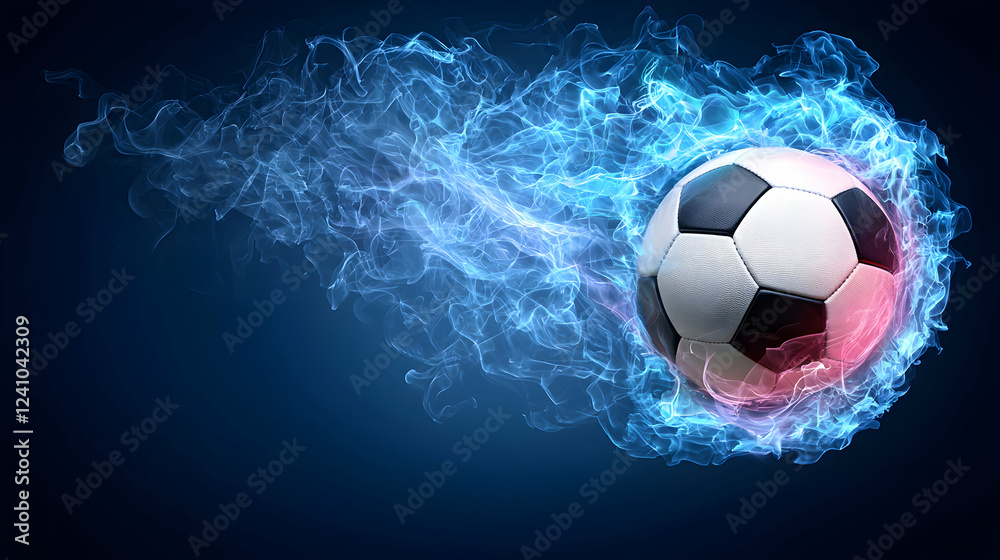Naklejka premium Soccer ball surrounded by dynamic blue and white flames in motion. Generative AI