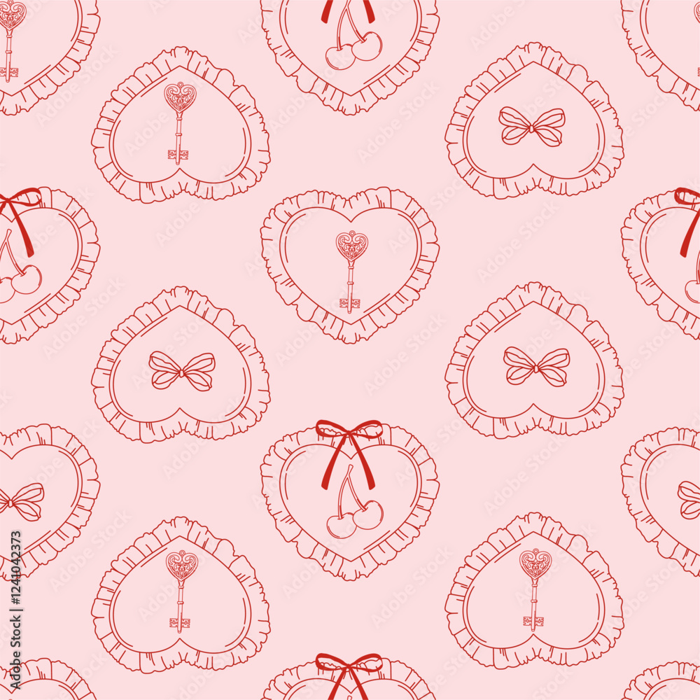 Seamless pattern with linear heart shaped pillow with ruffles, cherries, bows, vintage heart shaped key on pink background. Vector illustration for wrapping paper, packaging, fabric, phone case etc. Seamless pattern with linear heart shaped pillow with ruffles, cherries, bows, vintage heart shaped key on pink background. Vector illustration for wrapping paper, packaging, fabric, phone case etc.