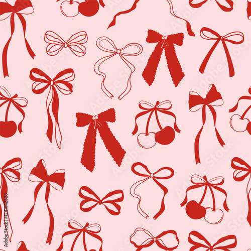 Seamless pattern with cherries and coquette bows on pink background. Cherries with heart. Valentines print. Vector illustration for wrapping paper, packaging, fabric, room decor, phone case etc.