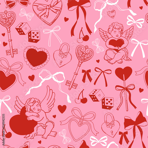 Seamless pattern with cherub, cherries and coquette bows, hearts on pink background. Valentine date. Vintage stickers. Vector for wrapping paper, packaging, fabric, room decor, phone case etc.